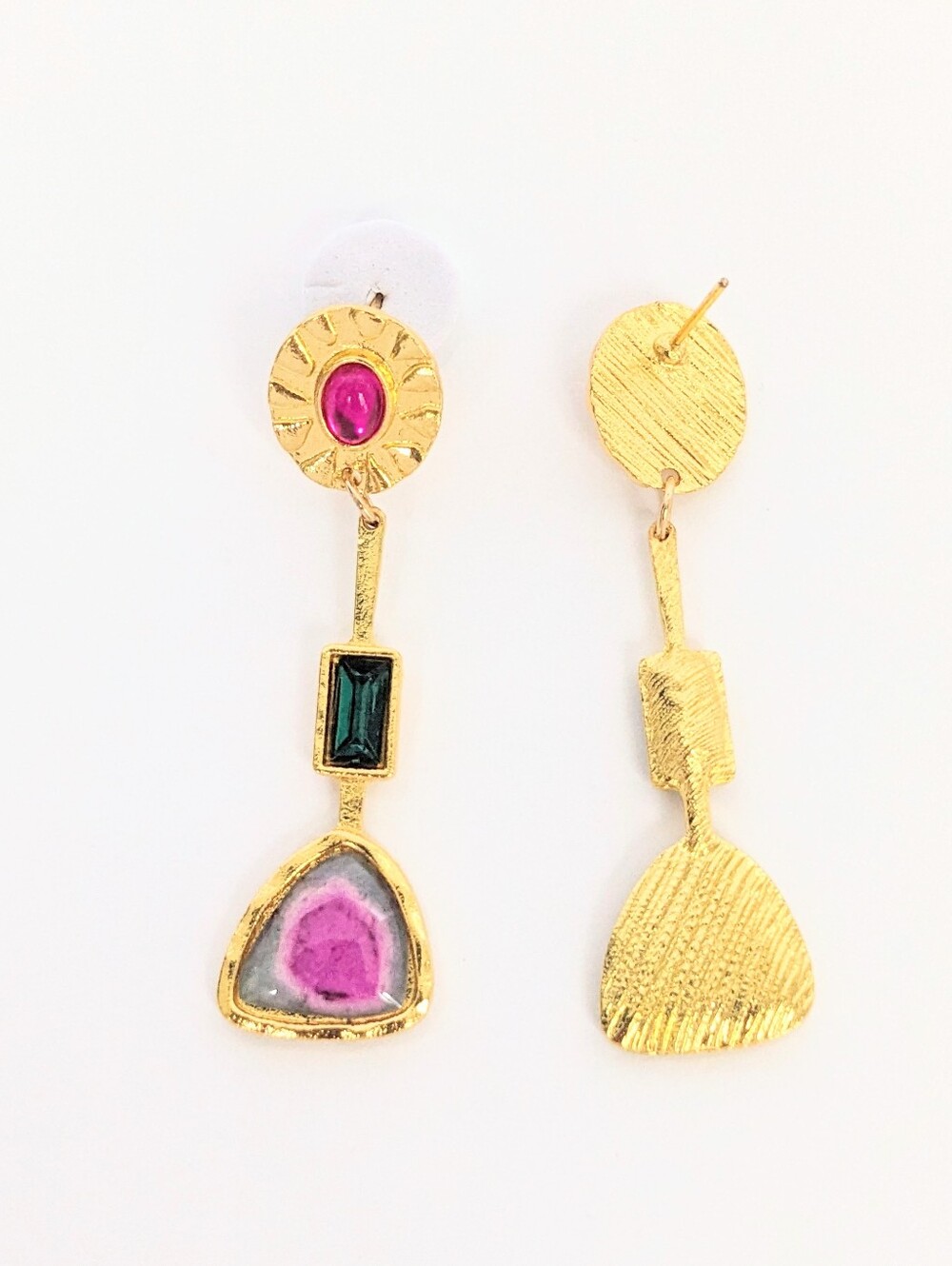 Gold Drop Earrings with Pink and Green Accents - Picture 3 of 3